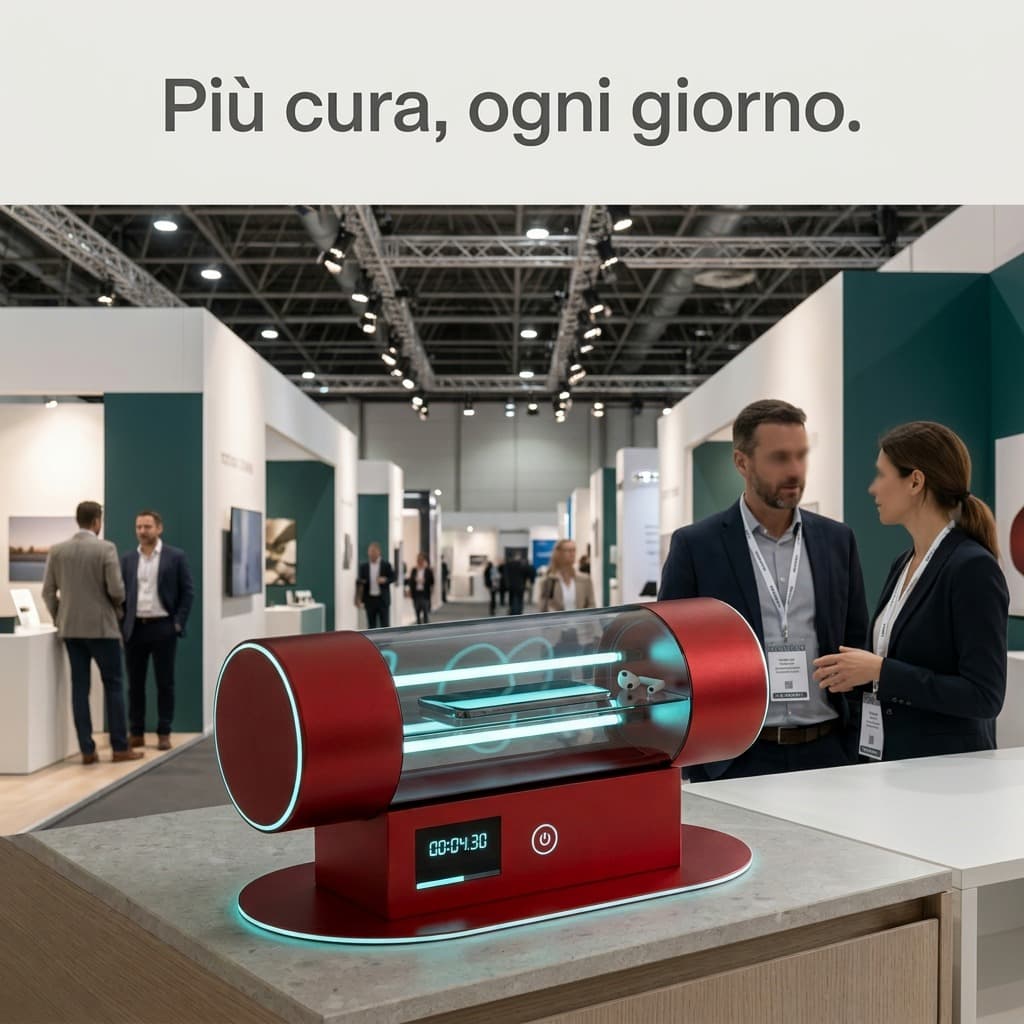 Hygenica in primo piano in fiera: il claim «Più cura, ogni giorno.» e il dispositivo acceso con le lampade UV-C.