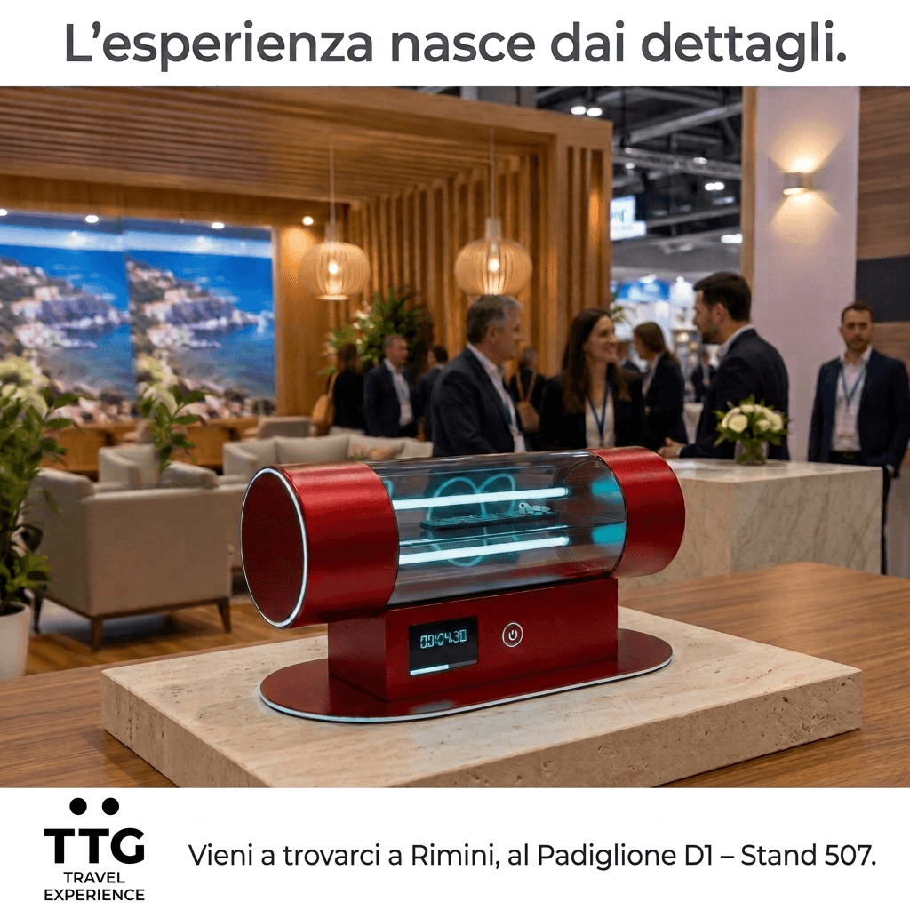 Grafica dell'invito: «L'esperienza nasce dai dettagli.», il logo TTG Travel Experience e l'invito a Rimini, al Padiglione D1 – Stand 507.